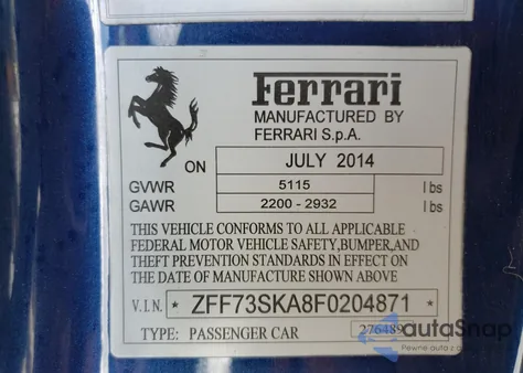 2015 Ferrari Ff z USA, uszkodzony, nr VIN ZFF73SKA8F0204871